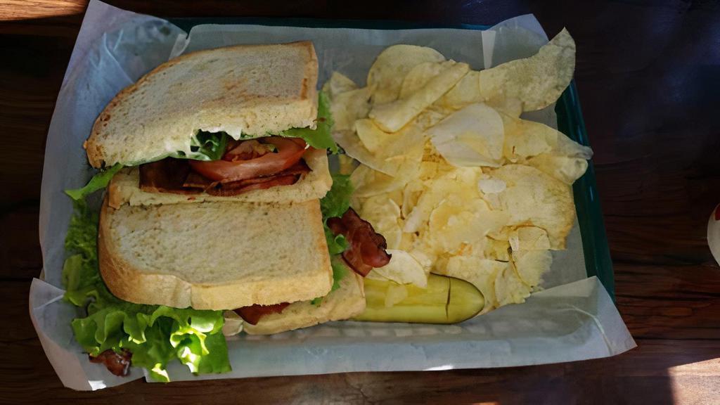 Bacon, Lettuce and Tomato · Bacon, Lettuce, Tomato and Mayo on Toasted Sourdough.  Served with Pickle Spear (On Side) and Chips.