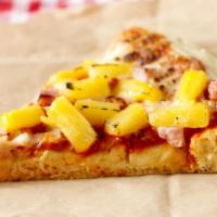 Hawaiian Pizza Slice · Freshly made slice of warm cheese pizza topped with pineapple and bacon.