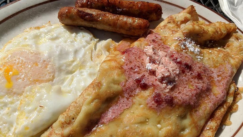 Swedish Sandwich · 2 Crepes, 2 eggs & 2 pieces of bacon or sausage