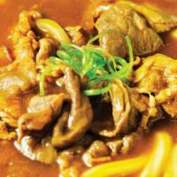 Beef Curry Udon · original noodles served with our savory curry broth and sweet flavored beef topping