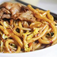 Beef Teriyaki Udon · teriyaki stir-fry udon with sweet flavored beef and bean sprouts topping