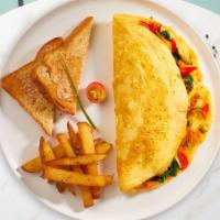 Veggie Omelette · Eggs, mushrooms, bell peppers, onions, spinach, and cheddar cheese. Served with your choice ...