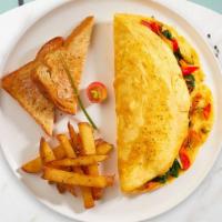 Chicken Fajitas Omelette · Eggs with grilled chicken, bell peppers, onions, and pepper jack cheese topped with salsa. S...