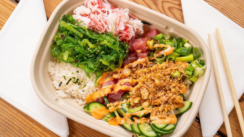 Firecracker · (Medium Size Only) Brown rice or white rice or salad, Ahi tuna, sweet onion, cucumber, green onion, masago. 

Sauce: Spicy Mayo, Sweet Chili and House Dressing