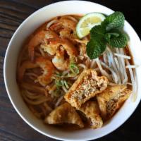 Shrimp Laksa Noodle Soup · A super flavorful shrimp coconut curry noodle soup, garnished with fresh bean sprouts, lime,...