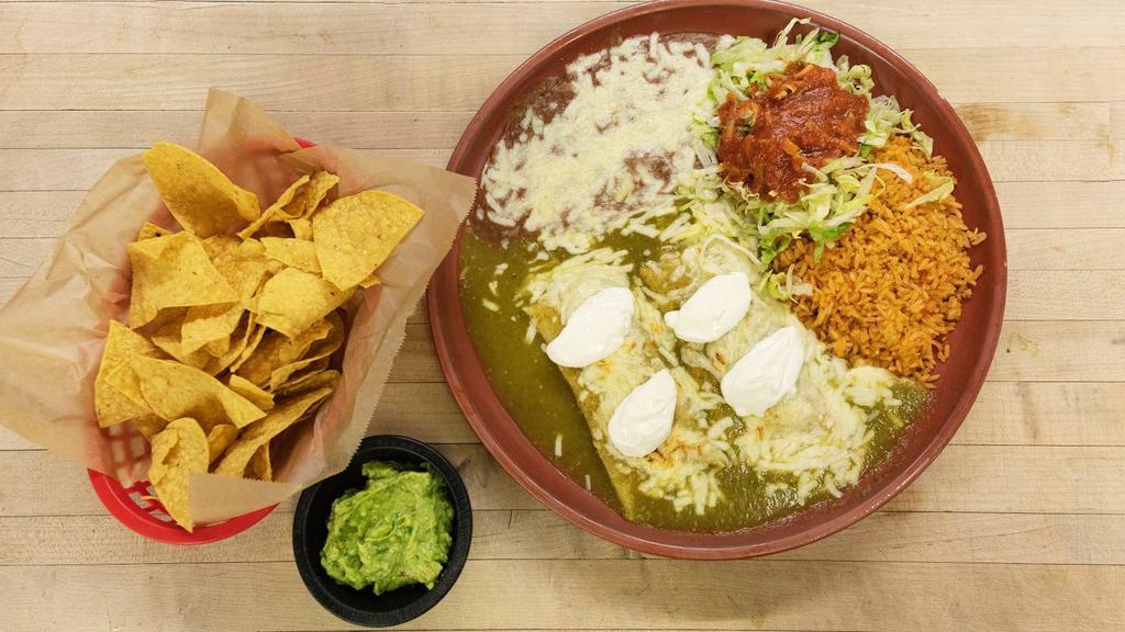 Single Crab Enchilada · Fresh crab sautéed in butter with onions, leeks and verde sauce topped with sour cream. Served with rice, refried beans and salad.