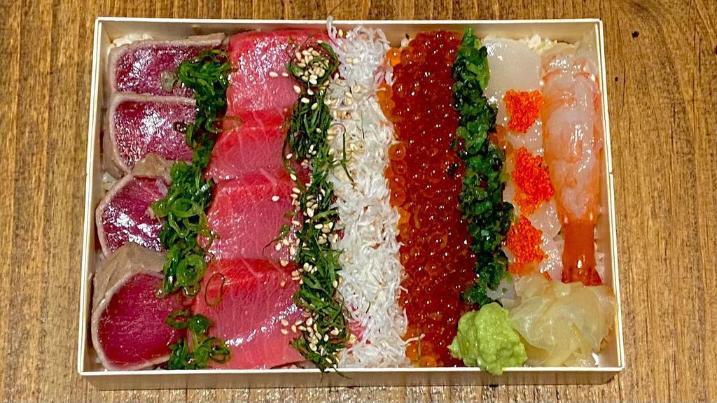 Kaisen Box · Chutoro, Marinated Bluefin Tuna (Spain), Scallops, Ikura (Salmon Roe), Tobiko, Snow Crab, Sweet Shrimp, Shiso, Green Onions, and pickles over sushi rice
