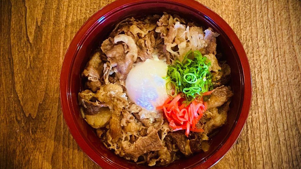 Gyudon · Simmered Washu beef, onion and poached egg over rice.