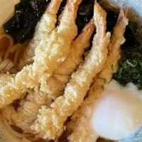 Shrimp Tempura Udon · Udon Noodle Soup with 5pc Shrimp Tempura, Fresh Wakame from Miyagi Japan, and Green Onion