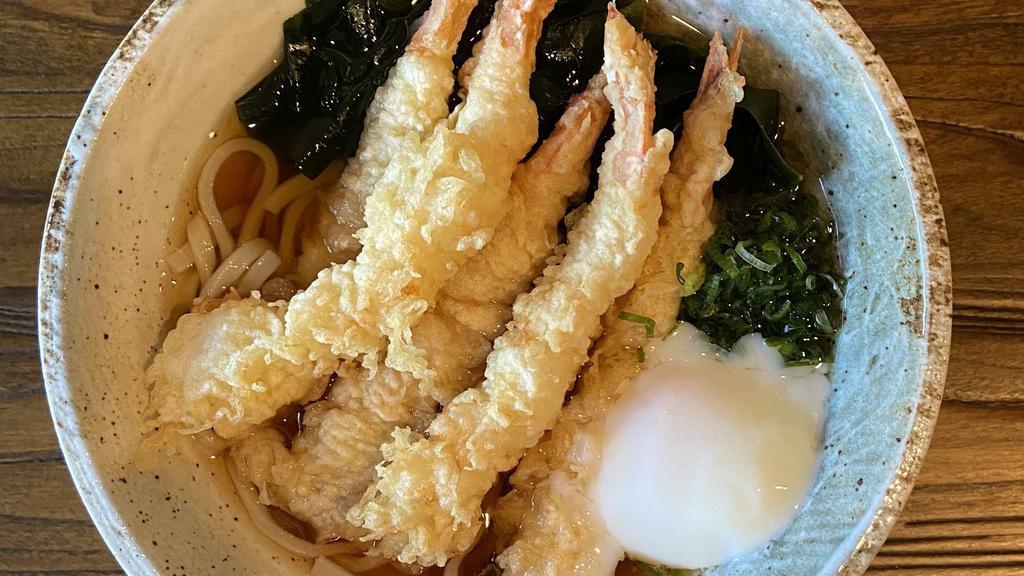 Shrimp Tempura Udon · Udon Noodle Soup with 5pc Shrimp Tempura, Fresh Wakame from Miyagi Japan, and Green Onion
