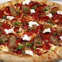 The Wiseguy · Tomato sauce, sliced house-made fennel sausage and calabrese link sausage, ricotta, hot pepp...
