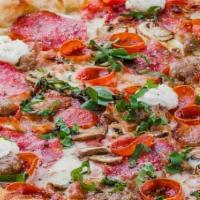Motorhead · Tomato Sauce, Mozzarella, Salami, Mushrooms, Pepperoni, Bacon, Italian Sausage & Ricotta