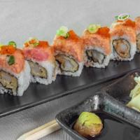 Red Dragon Roll · Spicy. Inside: shrimp tempura. Outside: spicy tuna, tobiko, green onion, unagi sauce.
