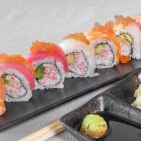 Rainbow Roll · Inside: carb, avocado. Outside: assorted fish, tobiko.