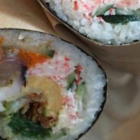 Sushi Burrito · Three scoops of proteins and as many toppings