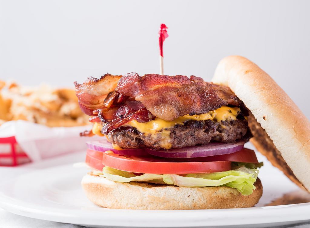 Bacon Cheeseburger · Fresh In-House Ground Angus Patty topped with a generous serving of Bacon. Served with Lettuce, Tomato, Onions, Mayo and Mustard on a Classic White Bun.