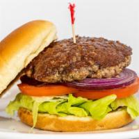 Hamburger · Fresh In-House Ground Angus Patty. Served with Lettuce, Tomato, Onions, Mayo and Mustard on ...