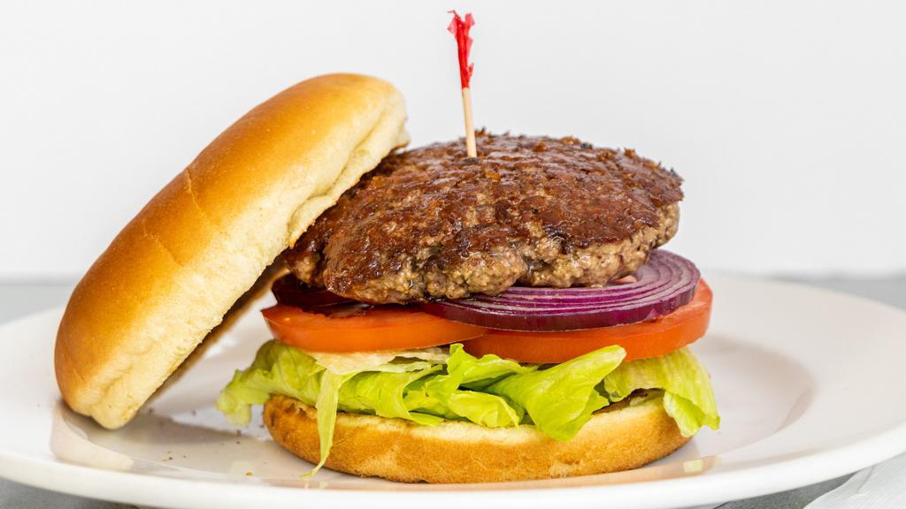Hamburger · Fresh In-House Ground Angus Patty. Served with Lettuce, Tomato, Onions, Mayo and Mustard on a Classic White Bun.