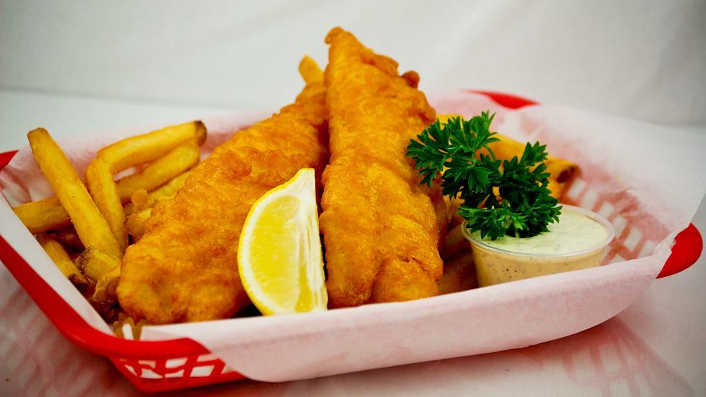 Fish & Chips · Wild Alaskan pollock fillets lightly battered and fried to perfection. Served with fries and tartar sauce.