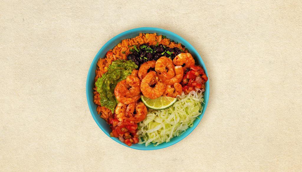 Grilled Shrimp Bowl · Grilled shrimp, mexican rice, beans, pico de gallo, lettuce, and lime.