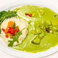 Green Curry Bowl · Green curry paste with Coconut milk, Eggplant, Spinach, Bell peppers, Onions, Bamboo shoots,...