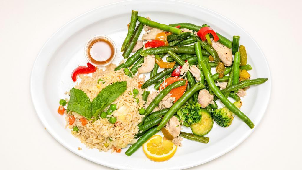 Sauteed String Beans · String Beans, Bell Peppers, Carrots, Mushrooms, Peas and Onions. Choice of proteins. Garnished with Cilantro and Green scallions/ onions. 16 oz regular size.