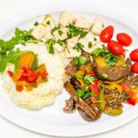 Sauteed Eggplant · Eggplants, Bell Peppers and Onions. Choice of proteins. Garnished with Cilantro and Green sc...