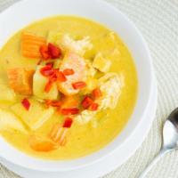 Yellow Curry (Gaeng Garee) Chicken/Vegi/Tofu · Hot and spicy. Spicy yellow curry cooked with coconut milk, potatoes, onions and your choice...