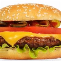 The Cheeseburger · Juicy beef patty with melted cheese, lettuce, tomatoes, pickles, onions, ketchup, and mustar...