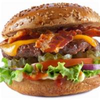 The Bacon Cheddar Burger · Juicy beef patty with crispy bacon, melted cheese, lettuce, tomatoes, pickles, onions, ketch...