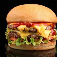 Double Cheeseburger · Two juicy beef patties, melted cheese, lettuce, tomatoes, pickles, onions, ketchup, and must...