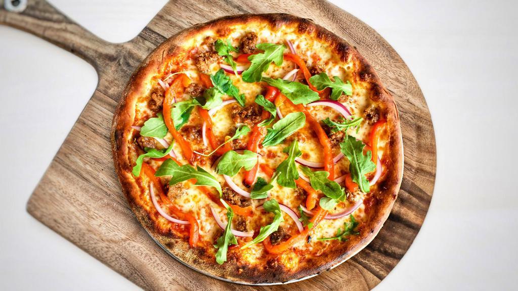 THE ABOVE & BEYOND · Mozzarella, housemade Beyond Meat sausage, roasted red bell peppers, red onions, wild baby arugula. Daiya vegan cheese optional. Vegetarian.
