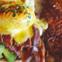 California Benedict · Applewood smoked bacon, avocados & grilled tomatoes.