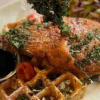 Chicken & Waffles · Hand-breaded crispy buttermilk chicken breast on our giant Belgian waffle, topped with kale ...