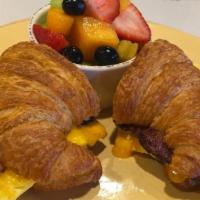 Croissant Sandwich · Scrambled eggs, bacon & cheddar on a toasted croissant.