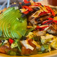 Santa Fe Salad · Blackened chicken, sliced avocado, cheddar & Jack cheese, black beans, corn, shredded lettuc...