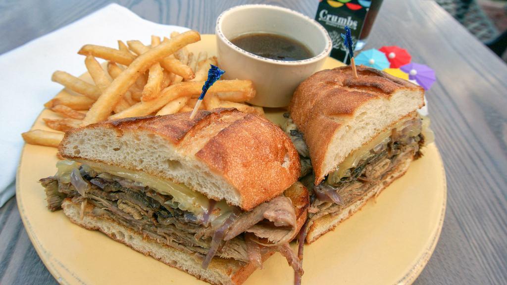 French Dip Au Jus · Slow-roasted Certified deli-sliced Angus® beef, Jack cheese, mushrooms & grilled onions served on a French roll w/Au Jus.
