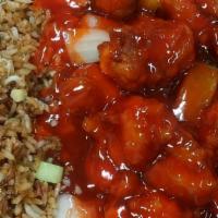 R4. Sweet and Sour Pork Over Rice 甜酸肉飯 · 
