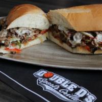 Philly Cheesesteak · Sliced ribeye or chicken, white american cheese, grilled onions, bell peppers, mushrooms, ho...