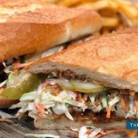 Three Alarm Fire · Spicy fried chicken, pepper jack cheese, pickles, jalapeño slaw, chipotle aoli, soft french ...