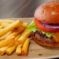 The Double D · Our signature burger - sharp American cheese, lettuce, tomatoes, red onions, pickles, 1000 i...