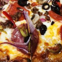 The Veteran Combo · Salami, pepperoni, sausage, mushrooms,
red onions, bell peppers, olives.