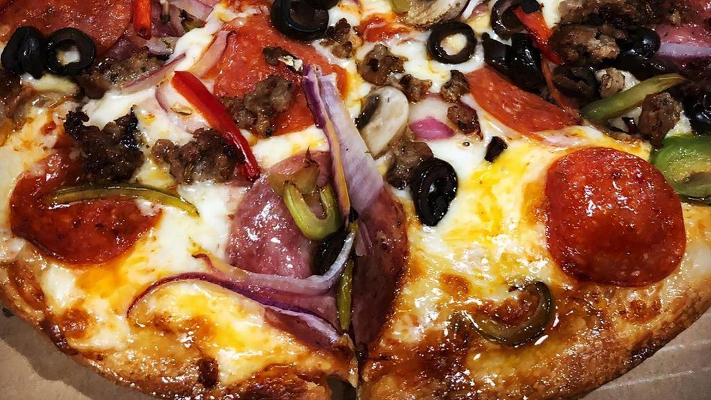 The Veteran Combo · Salami, pepperoni, sausage, mushrooms,
red onions, bell peppers, olives.