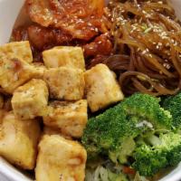 Vege Rice Bowl · Fried Tofu with rice, cabbage and clear noodles.