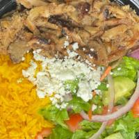 a. Chicken Greek Bowl · Thin slices of seasoned boneless chicken, greek lemon rice, lettuce, red onions, tomatoes, c...