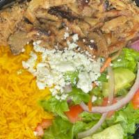 c. Beef, Lamb Mix Greek Bowl · Thin slices of beef and lamb mix, greek lemon  rice, lettuce, red onions, tomatoes, cucumber...