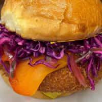 Chickpea Burger (VEGAN) · house made chickpea patty, house made vegan bun, carrot aioli, roasted bell peppers, spicy r...