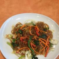 A5. Jap Chae · Stir-fried glass noodles with  vegetables.