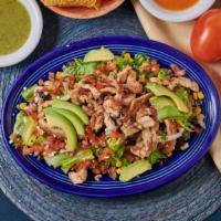 Chicken Salad · Grilled chicken, romaine lettuce, black beans, corn, sliced avocado and pico de gallo. Serve...