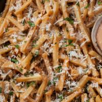 Garlic Parmesan Fries · Crinkle cut and loaded with Extra Virgin Olive Oil, Garlic & Parmesan cheese and a side of c...